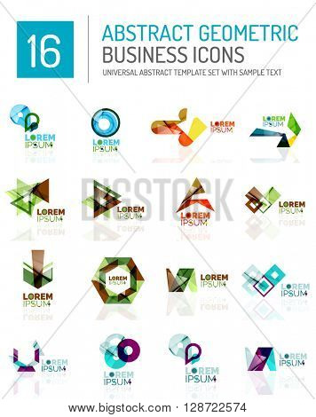 Abstract geometric business logo icon set. Colorful geometrical figure compositions with light effects - triangles circles rings arrows lines