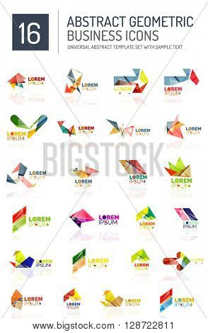 Abstract geometric business logo icon set. Colorful geometrical figure compositions with light effects - triangles circles rings arrows lines