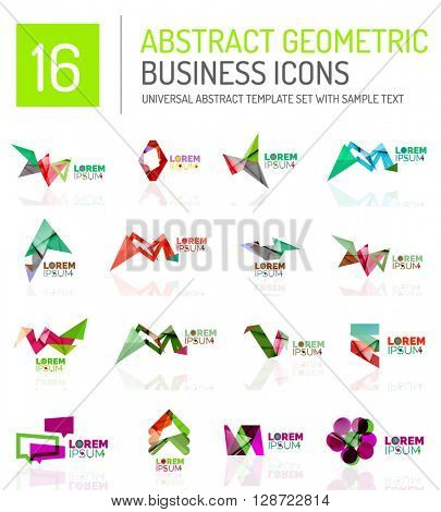 Abstract geometric business logo icon set. Colorful geometrical figure compositions with light effects - triangles circles rings arrows lines