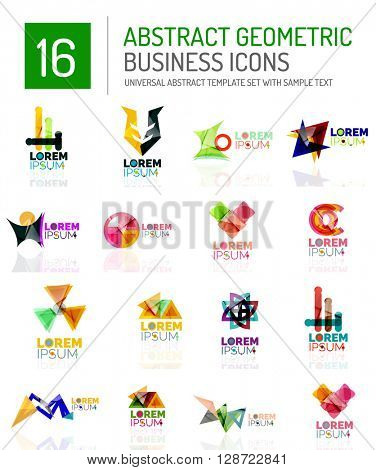 Abstract geometric business logo icon set. Colorful geometrical figure compositions with light effects - triangles circles rings arrows lines