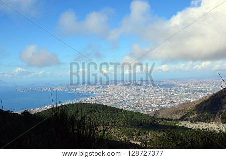 view the Naples city with cloudy sky from the vesivius volcano in south Italy