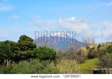 vesuvius volcano with snow on the top of mountain in italy