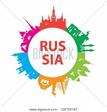 Modern concept Travel to Russia. Russia famous places. Landmarks of Moscow, Saint petersburg, Ufa, Vladivostok, Kaliningrad, Ekaterinburg and Samara. Vector russia travel logo. Round composition