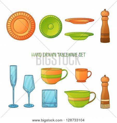 Kitchen utensil set. A set kitchenware. Kitchen utensils in hand drawn cartoon style. Kitchen dishes set. Kitchen utensils for serving. Silhouettes of kitchen dishes. Vector illustration