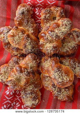 traditional romanian pie called sfintisori or mucenici made with honey and walnuts
