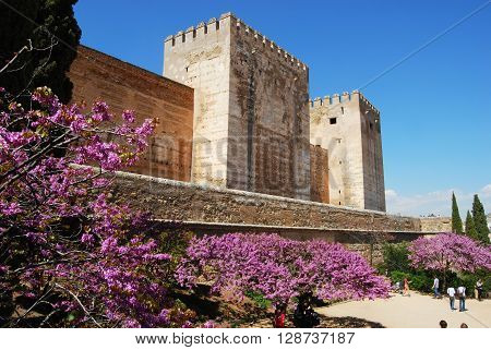 GRANADA, SPAIN - MARCH 25, 2008 - Cistern Court (Plaza de los Aljibes) East side of the castle with pink tree blossom in foreground and tourists enjoying the sights Palace of Alhambra Granada Granada Province Andalusia Spain Western Europe, March 25, 2008