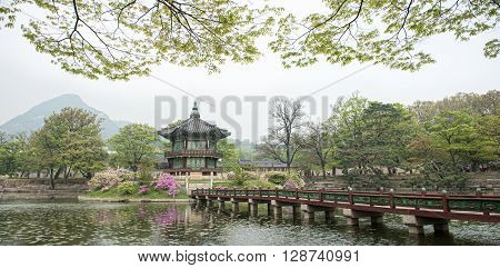 Seoul, South Korea - April 22, 2016: April 22, 2016 Hyangwonjeong Hexagonal Pavilion Of Gyeongbokgun