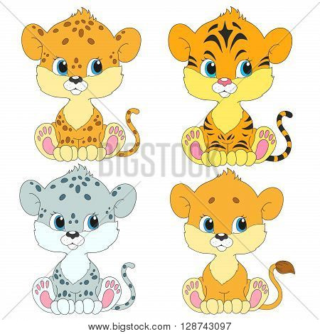 Set of cartoon characters. Cubs cute. Lion leopard tiger snow leopard.