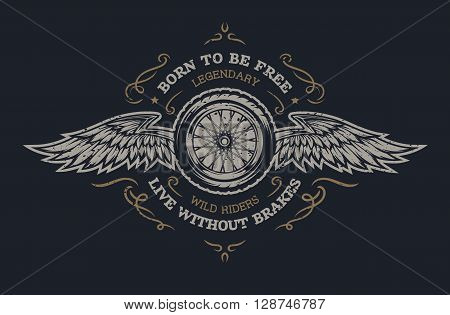 Wheel and wings in vintage style. Emblem, symbol, t-shirt graphic. For dark background.