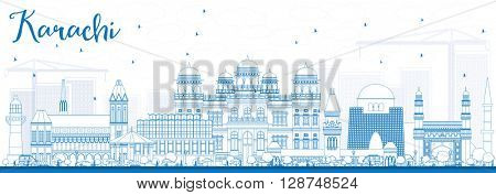 Outline Karachi Skyline with Blue Landmarks. Business Travel and Tourism Concept with Historic Buildings. Image for Presentation Banner Placard and Web Site.