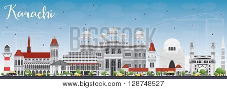 Karachi Skyline with Gray Landmarks and Blue Sky. Business Travel and Tourism Concept with Historic Buildings. Image for Presentation Banner Placard and Web Site.