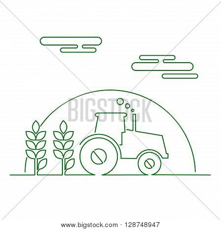 Thin line flat design of rural landscape. Thin line abstract countryside with tractor sun and corn. Vector illustration concept of rural life. rural landscape in thin lines