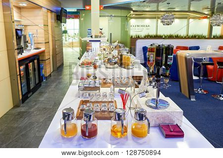 SAINT PETERSBURG, RUSSIA - AUGUST 04, 2015: interior of Aeroflot lounge. OJSC Aeroflot - Russian Airlines, commonly known as Aeroflot, is the flag carrier and largest airline of the Russian Federation