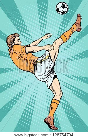 Football soccer player kick the ball pop art retro style. The football championship. Summer sports games. Retro football vector
