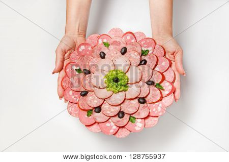 Restaurant food meat assortment plate. Top view. Above view.
