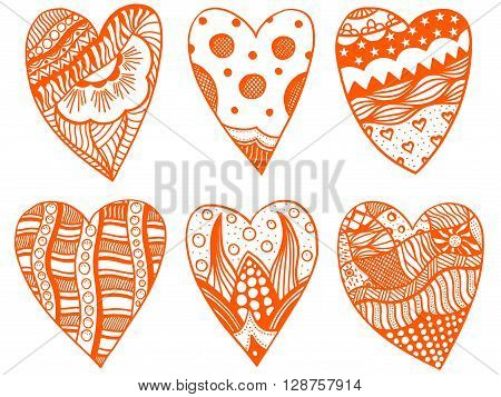 Set Hand drawn red hearts in zentangle style. Pattern for coloring book. Coloring page for adult anti stress. Made by trace from sketch. Valentine's day background.