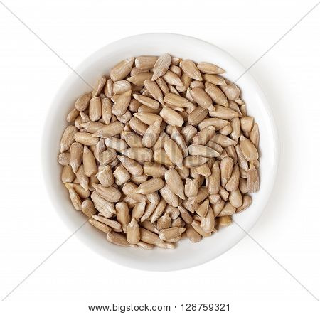 Bowl Of Sunflower Seeds Isolated On White, Top View