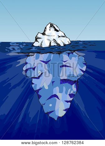 Iceberg under water. Hand drawn stock illustration