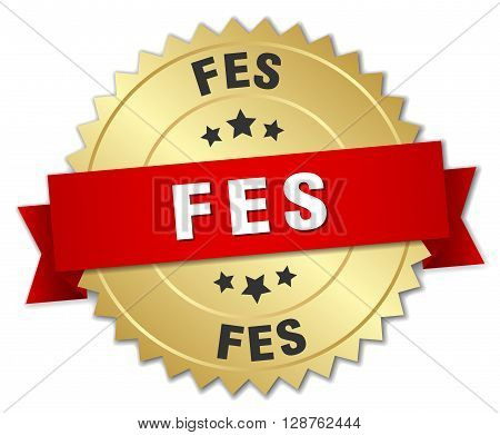 Fes round golden badge with red ribbon