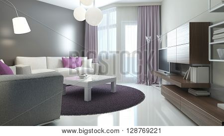 Idea of modern lounge. Room with balcony entrance mat double colored walls and varnish contrete flooring. 3D render