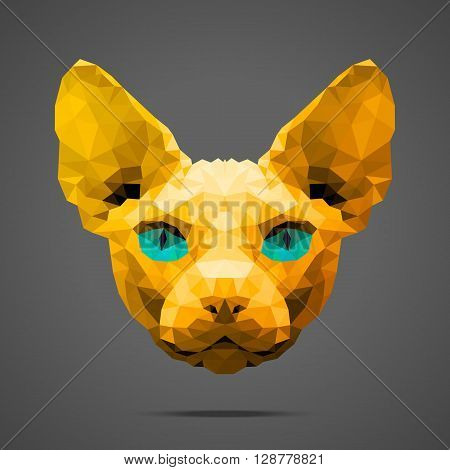 Sphynx cat low poly portrait. Gold gradient. Side light source. Abstract polygonal illustration.