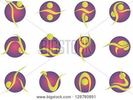 yoga style stylized colored silhouettes icons set