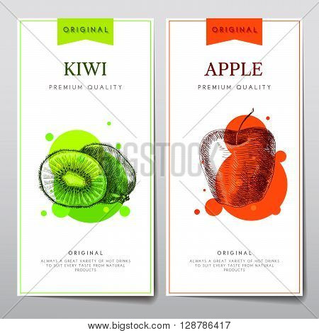 Vector set of menus on the theme of fruits. Flyers with a picture of kiwi fruit and apples for cafes or restaurants.
