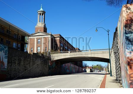 JOLIET, ILLINOIS / UNITED STATES - APRIL 26, 2015: The Broadway Street Bridge crosses Jefferson Street near downtown Joliet.