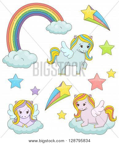 A set of cute magic pegasus fairy tale illustrations. Holiday and event decorations, design elements. Rainbow, clouds, stars.