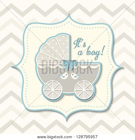 gray and bkue vintage stroller on abstract chevron background in srapbooking style, baby shower, vector illustration, eps 10 with transparency