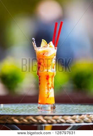 Fresh cocktail with orange limet mint and ice. Alcoholic non-alcoholic drink-beverage.