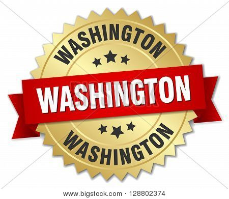 Washington round golden badge with red ribbon