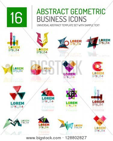 Abstract geometric business logo icon set. Colorful geometrical figure compositions with light effects - triangles circles rings arrows lines