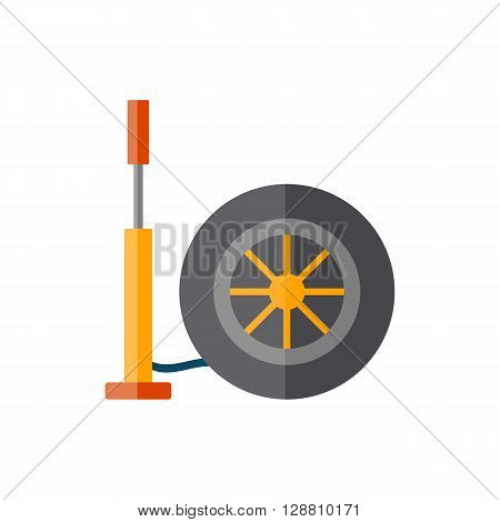 Vector illustration with cartoon flat hand pump and car wheel. Car repair service concept. Icon or logo car concept. Equipment for repair. Vector isolated hand pump and wheel on white background