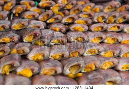 Close up salted Snake Skin Gourami drying fish