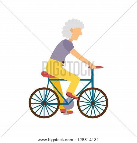 Vector illustration with cartoon flat old woman on bicycle. Vector old people activity concept. Active pensioner. Healthy sport lifestyle. Cartoon character old woman and bicycle. Sport for old people