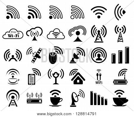 Set of thirty different black vector wireless and wifi icons for remote access and communication via radio waves