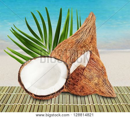 Fresh closed coconut and two halves of open coconut with green palm leaf on beautiful beach and ocean background.