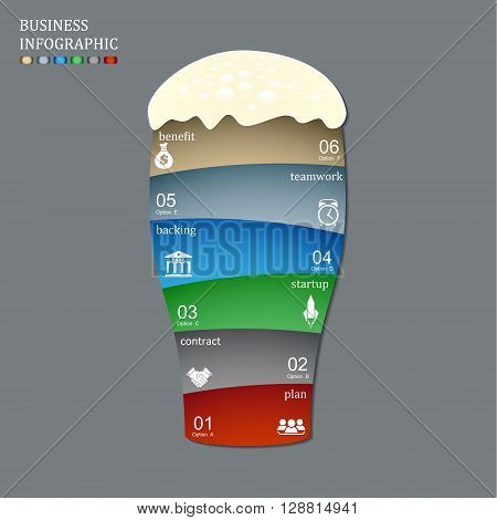 Template for vector beer glass infographic diagram graph presentation chart. Business startup idea concept with 6 options parts steps or processes.