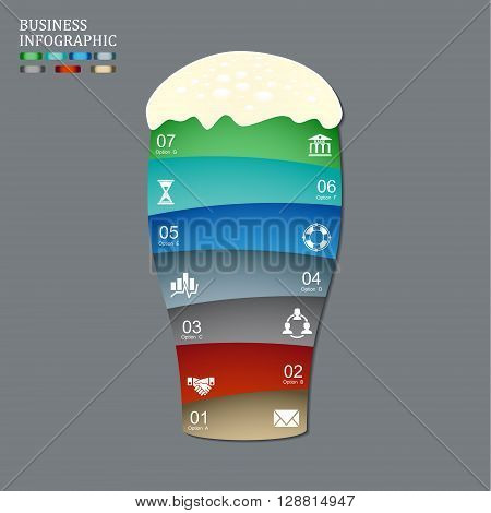 Template for vector beer glass infographic diagram graph presentation chart. Business startup idea concept with 7 options parts steps or processes.