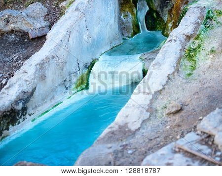 Natural Underground Mineral River And Public Bathtubs Of Cascade With Pure Blue Water Of Mashuk Moun