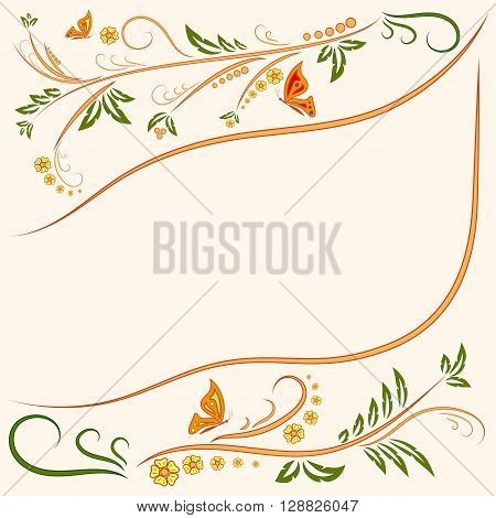 Floral ornament background with butterflies. Flowers Illustration Design Elements. Beautiful card with tree branches foliage butterfly and fantastic flowers. Ornamental floral element. Stock vector