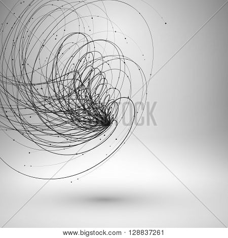 Tornado. Swirl with connected line and dots. Wired structure. Technology background. Vector illustration.