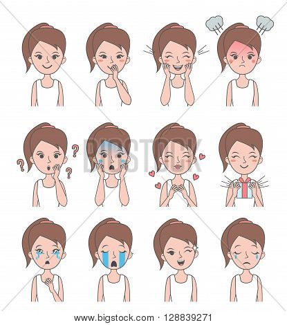 Girl face emotion. Vector girl avatars with different emotions. Vector illustration.