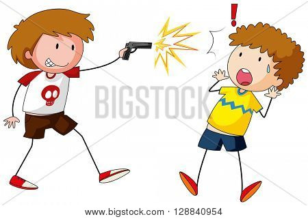 Boy shooting gun at other boy illustration
