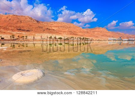  The evaporated salt forms freakish patterns on a water surface. The Dead Sea at coast of Israel