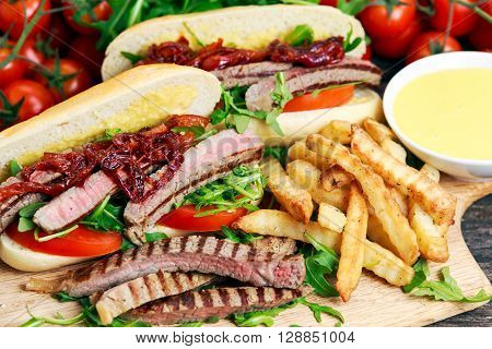 Perfect steak sandwich with home mayones and chips.