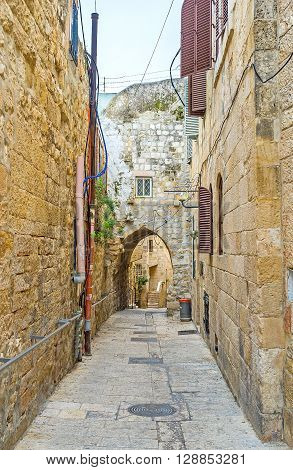 The old street with the arched passage in the Jewish Quarter of Jerusalem Israel.