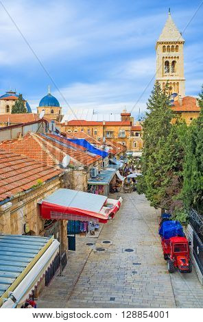 The market street of the Christian Quarter leads to the Lutheran Kirche of the Redeemer Jerusalem Israel.