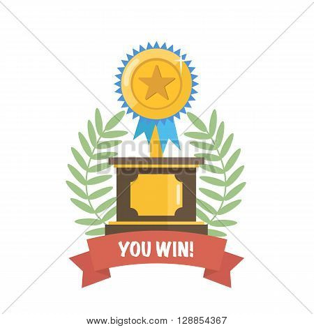 Winner trophy golden cup with laurel wreath.Flat vector illustration